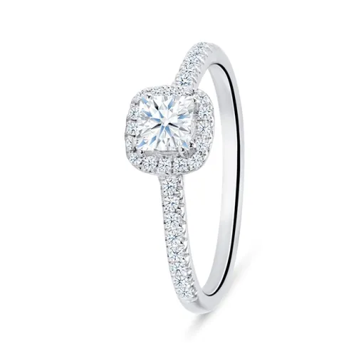 Anillo de promesa en oro blanco de 18K detalle inclinada del diamante talla princesa