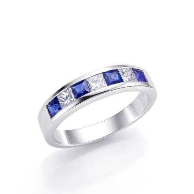 alianza de diamantes y zafiros en talla princesa en blanco - Jorge Juan Joyeros Madrid