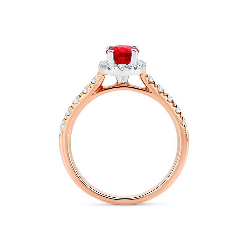 Sortija en oro rosa de 18K con un rubí de 0.73 cts con diamantes en orla y brazos de calidad F/VVS1 - foto frontal