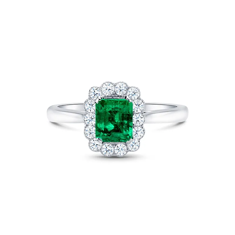 Anillo de compromiso con Esmeralda en oro blanco de 18K con  brillantes