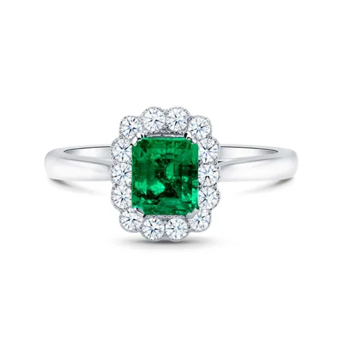 Anillo de compromiso con Esmeralda en oro blanco de 18K con  brillantes