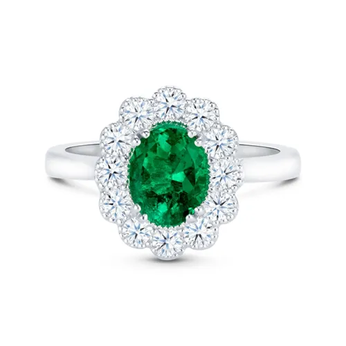 Anillo oro blanco de 18K de Esmeralda Oval con Orla de Brillantes