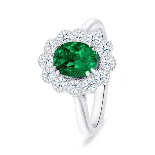 Detalle de montura y orla de diamantes en oro blanco con una esmeralda oval