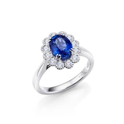 Anillo de zafiro azul y diamantes en oro blanco18K  para mujer en diseño clásico - Jorge Juan Joyeros