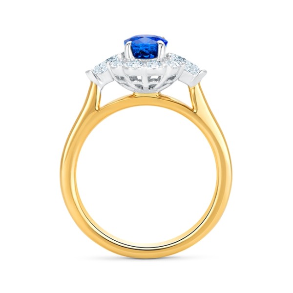 anillo de oro amarillo con zafiro y diamantes foto frontal