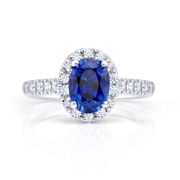 anillo de oro blanco con zafiro y diamantes en brazo y en la orla - Jorge Juan Joyeros