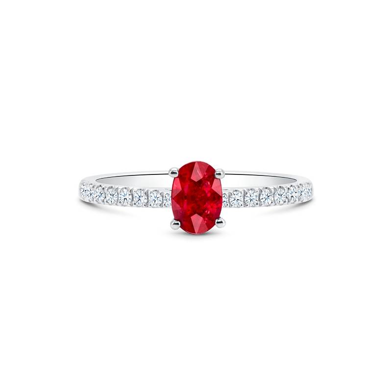 Anillo de oro 18k con rubí rojo vivido de 0.69cts acompañado de diamantes en el brazo F/E- vs-vvs