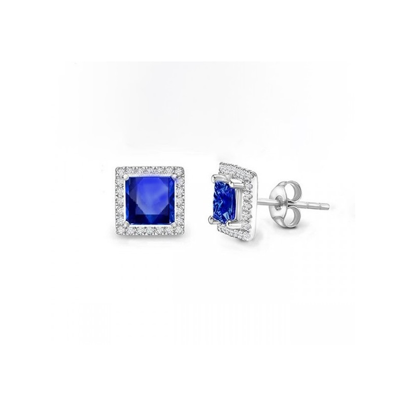 Pendientes "Blue Brickell" con Zafiro Princesa en oro blanco y orla de brillantes PR12 ZAF