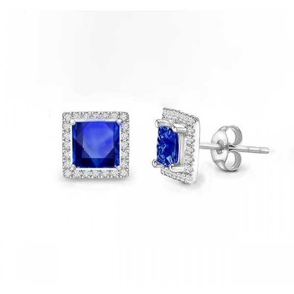 Pendientes "Blue Brickell" con Zafiro Princesa en oro blanco y orla de brillantes PR12 ZAF