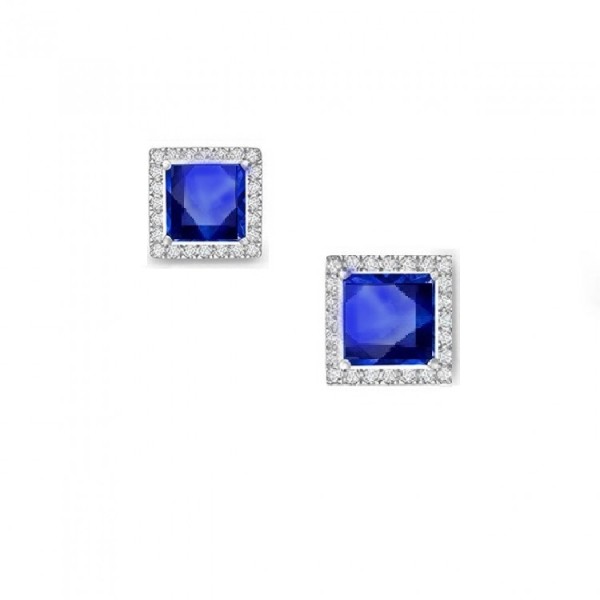 Pendientes "Blue Brickell" con Zafiro Princesa en oro blanco y orla de brillantes PR12 ZAF-2