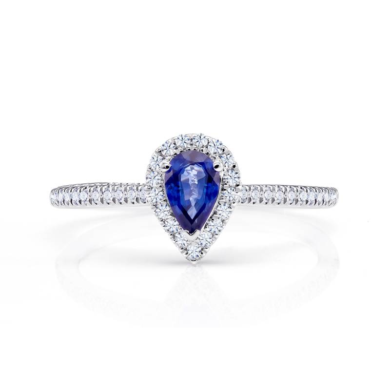 anillo de color azul con zafiro de gran calidad en forma de pera y brillantes - Jorge Juan Joyeros