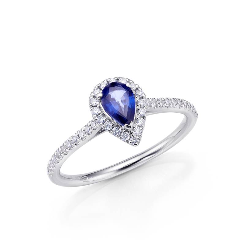 anillo de color azul con zafiro de gran calidad en forma de pera y diamantes - Jorge Juan Joyeros