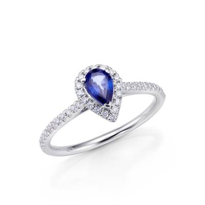 anillo de color azul con zafiro de gran calidad en forma de pera y diamantes - Jorge Juan Joyeros