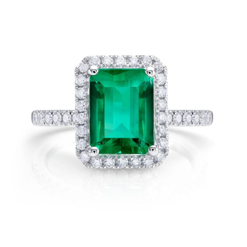 anillo de oro blanco 18K con esmeralda y diamantes clásico