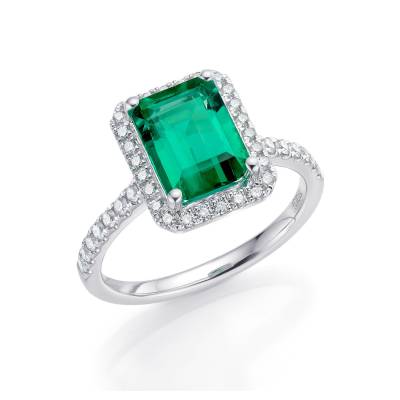 anillo de oro blanco con esmeralda y diamantes