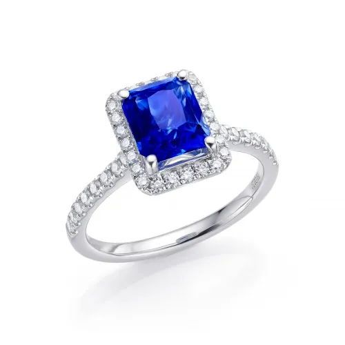 imagen de Anillo de oro blanco de 18K con zafiro Royal de 3,64 cts y diamantes de 0.37 cts. de calidad F VS