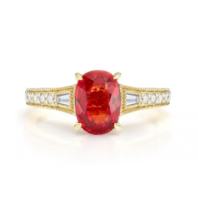 Anillo de oro rosa de 18K con zafiro naranja profundo y diamantes de gran pureza y color