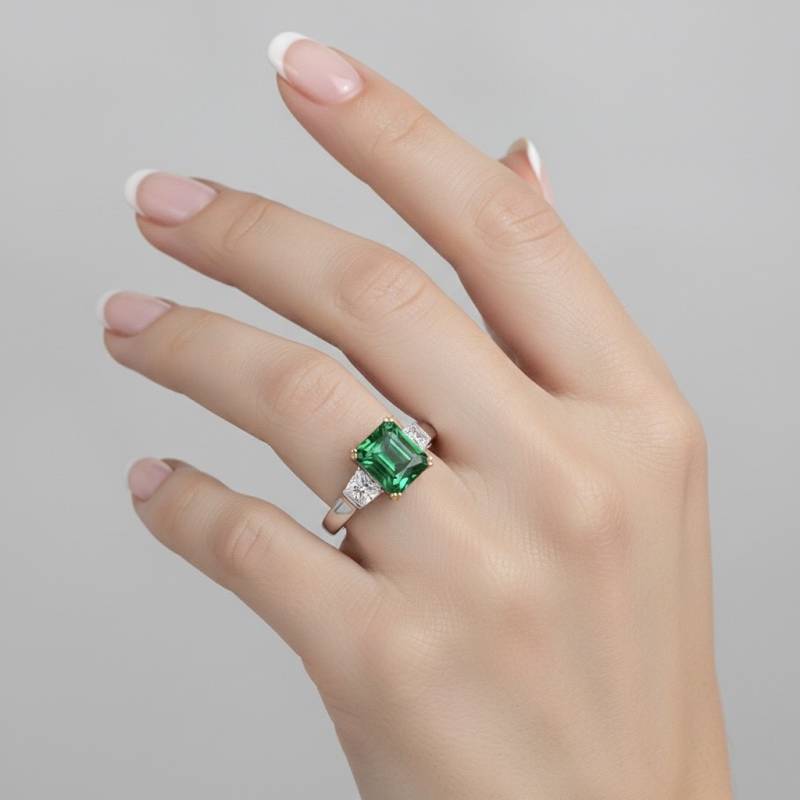 anillo en mano hecho en oro blanco con esmeralda de colombia y diamantges