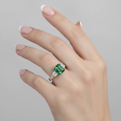 anillo en mano hecho en oro blanco con esmeralda de colombia y diamantges