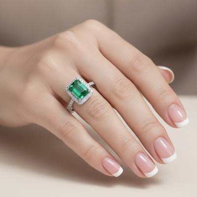 anillo de oro blanco con esmeralda rectangular y brillantes en mano de modelo