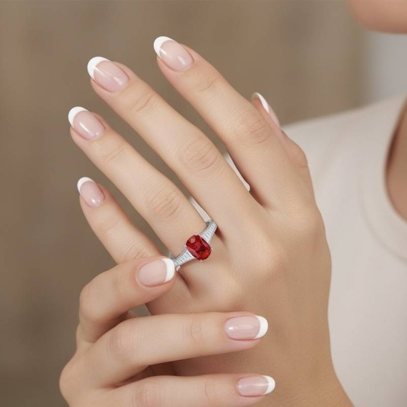 Anillo de oro de Ley 18K con un rubí oval de 0.75 cts acompañado de diamantes talla baguettes en mano de modelo