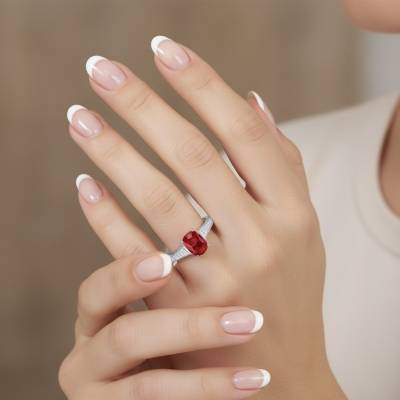 Anillo de oro de Ley 18K con un rubí oval de 0.75 cts acompañado de diamantes talla baguettes en mano de modelo