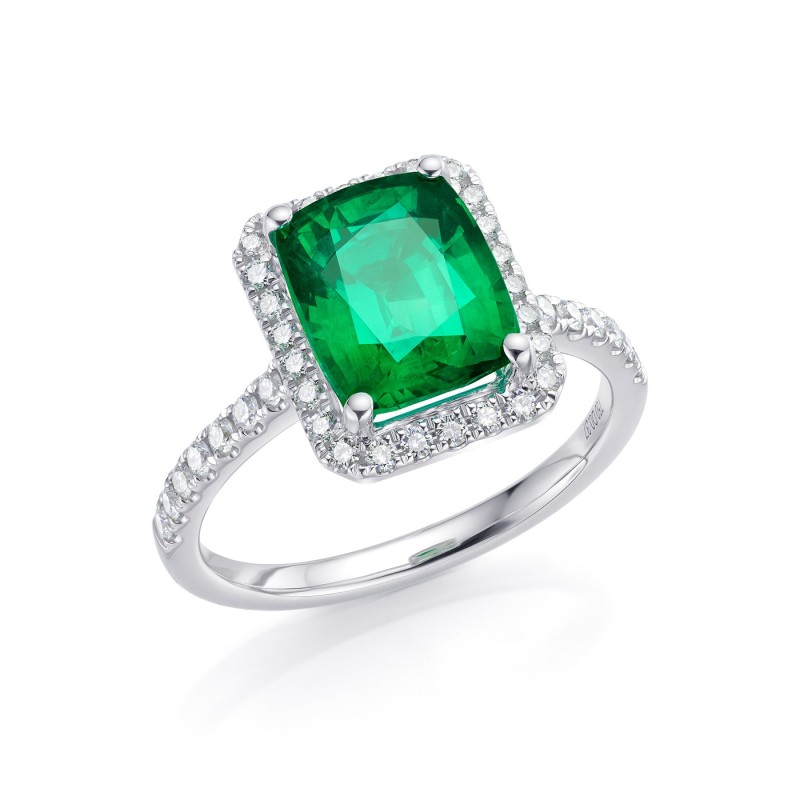 Anillo Clásico con Esmeralda y brillantes en oro blanco 18K