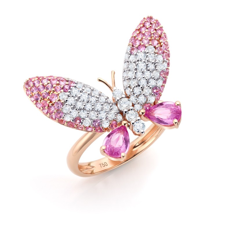 "Pink Farfalle" anillo con Zafiros Rosas y brillantes en oro rosa 18K