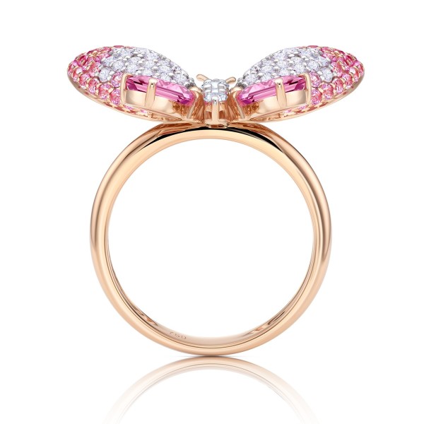 "Pink Farfalle" anillo con Zafiros Rosas y brillantes en oro rosa 18K