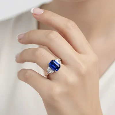 Foto en mano de modelo de Anillo de oro blanco de 18K con zafiro Royal Blue de más de 4 cts con dos diamantes a los lados