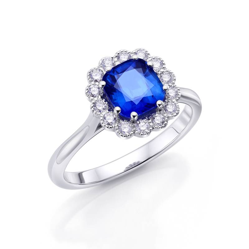 foto inclinada de Anillo de oro blanco 18K con zafiro de 1,30 ct de grado GEM y diamantes | Jorge Juan Joyeros