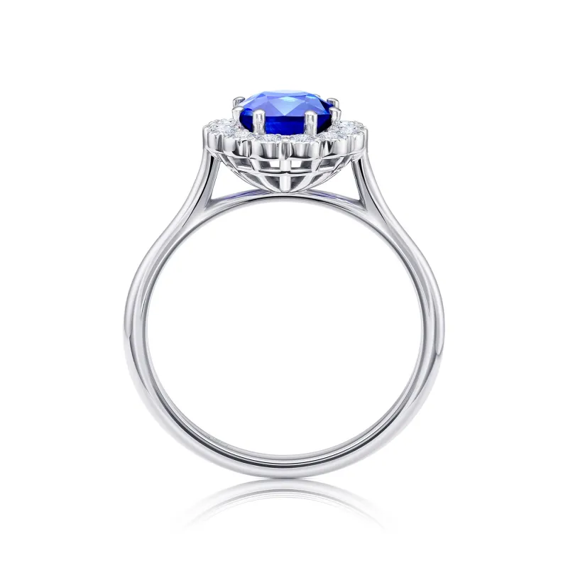 Foto Anillo de oro blanco 18K con zafiro azul talla cushion de 1,30 ct de grado GEM y diamantes