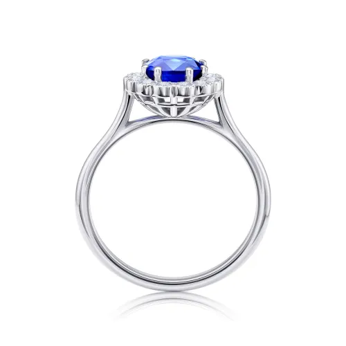 Foto Anillo de oro blanco 18K con zafiro azul talla cushion de 1,30 ct de grado GEM y diamantes