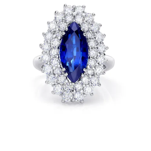 Sortija en oro blanco de 18K con Zafiro azul natural de 4.43 cts y diamantes de color F/G y pureza VS