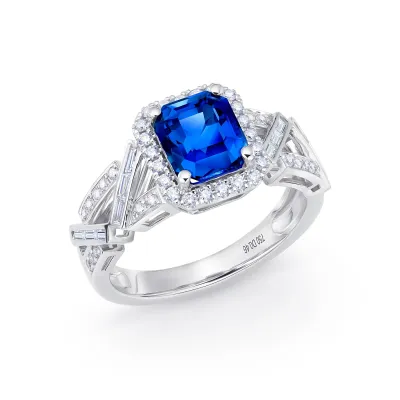 anillo zafiro azul octogonal y diamantes
