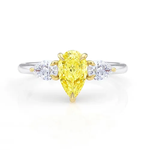 Anillo de oro de 18K con Diamante amarillo natural  Fancy talla pera y dos perillas