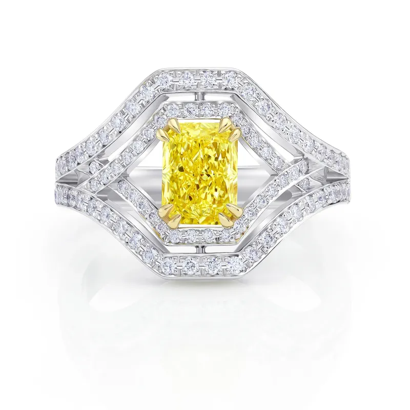 Anillo de oro blanco 18K con Diamante Amarillo Natural Fancy Yellow talla Radiant y brillantes