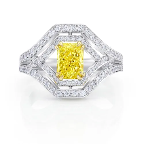 Anillo de oro blanco 18K con Diamante Amarillo Natural Fancy Yellow talla Radiant y brillantes