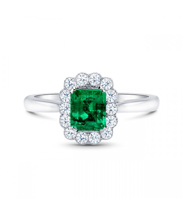 Anillo "Green Kaori" de esmeralda con orla de brillantes en oro blanco