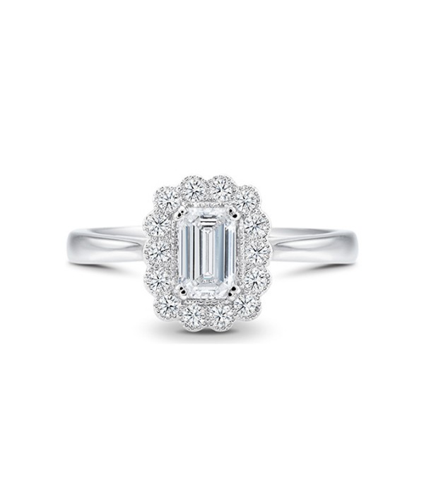 Anillo oro blanco y diamantes “Kaori” central talla esmeralda roseta talla brillante