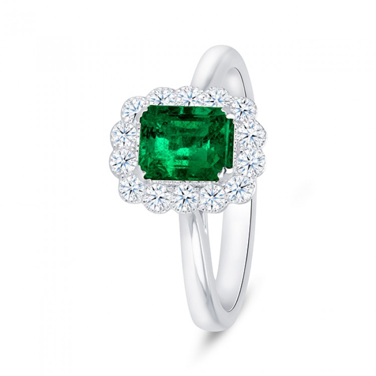 Anillo de esmeralda con orla de brillantes en oro blanco Green Kaori