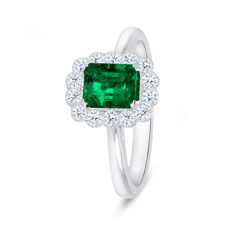 Anillo "Green Kaori" de esmeralda con orla de brillantes en oro blanco