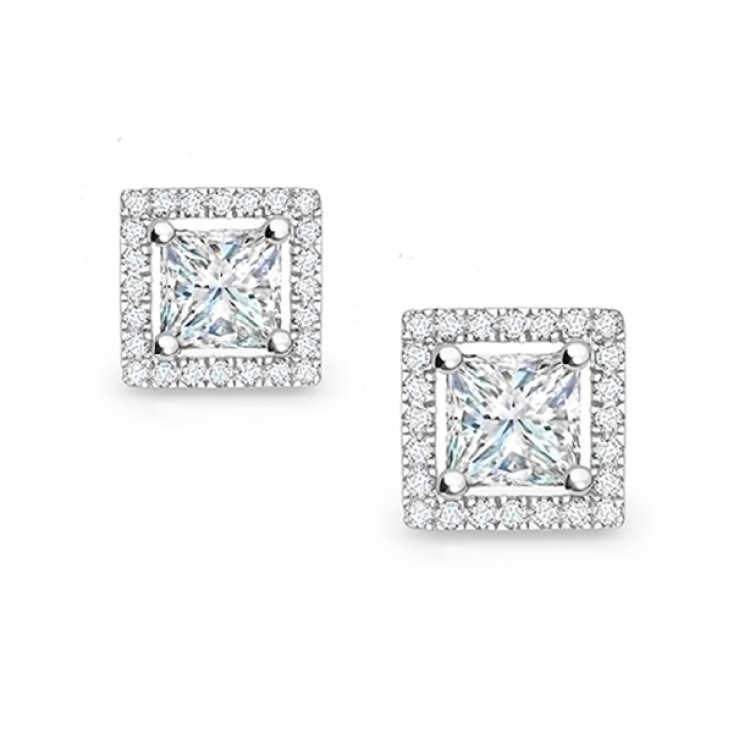 Pendiente "Brickell" oro blanco con diamantes Talla Princesa y Orla de Brillantes
