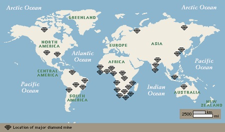 Mapa de Depósitos diamantíferos en el mundo